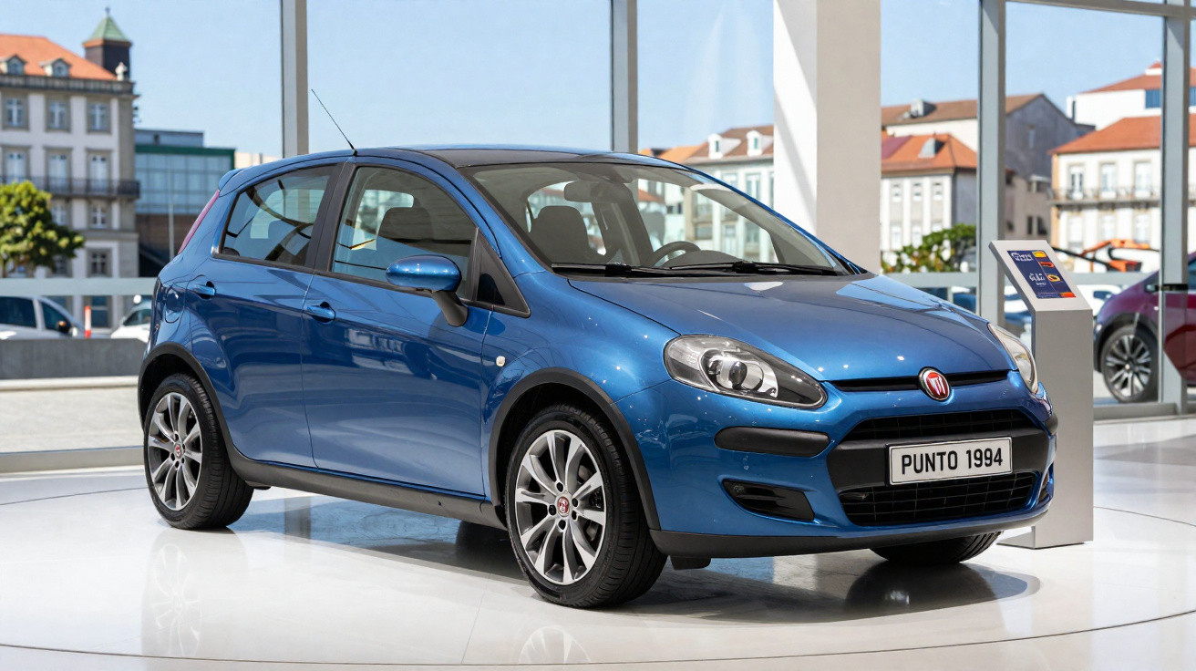 Carro Fiat Punto azul 1994 exposto em showroom com janelas amplas e vista urbana ao fundo.