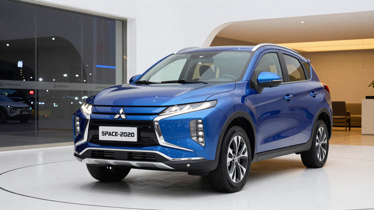Carro SUV azul Mitsubishi Space 2020 exibido em showroom moderno com iluminação suave.
