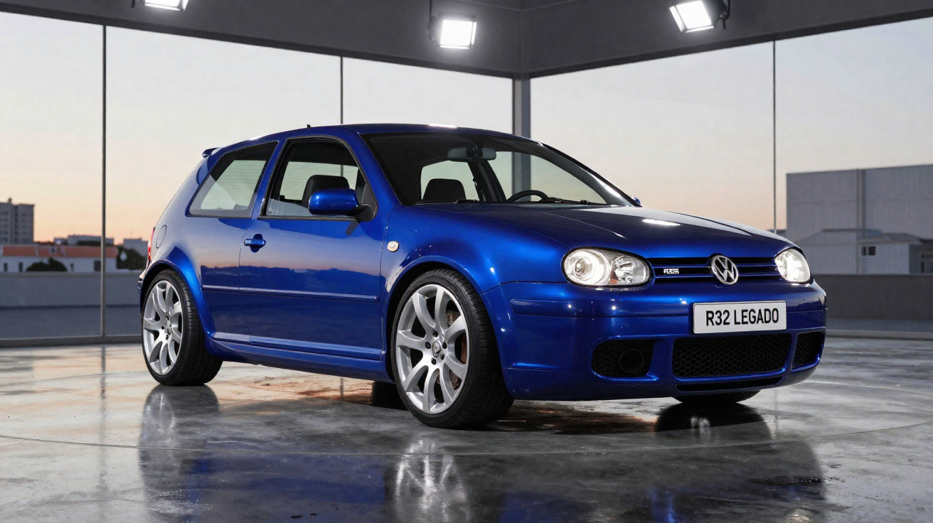Carro Volkswagen Golf R32 azul estacionado em ambiente interno com piso refletivo ao entardecer.