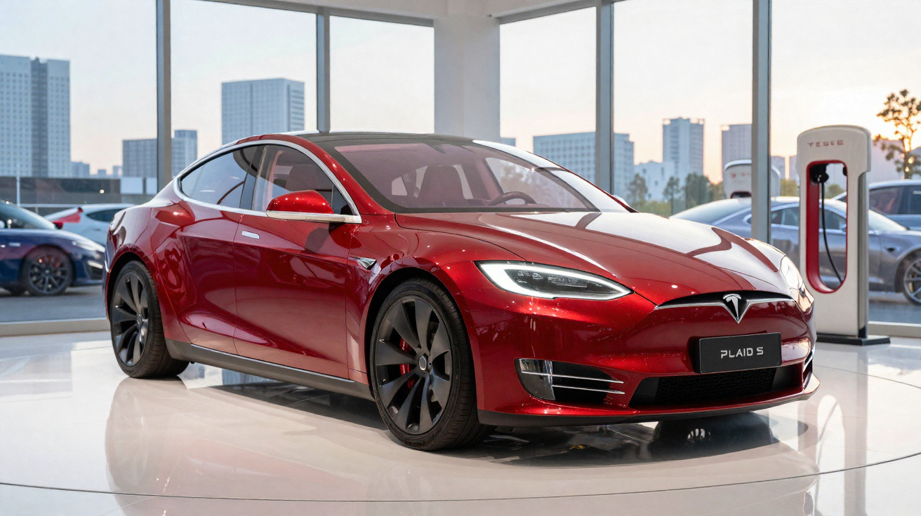Carro elétrico Tesla Model S Plaid vermelho exibido em showroom com janela e prédios ao fundo.