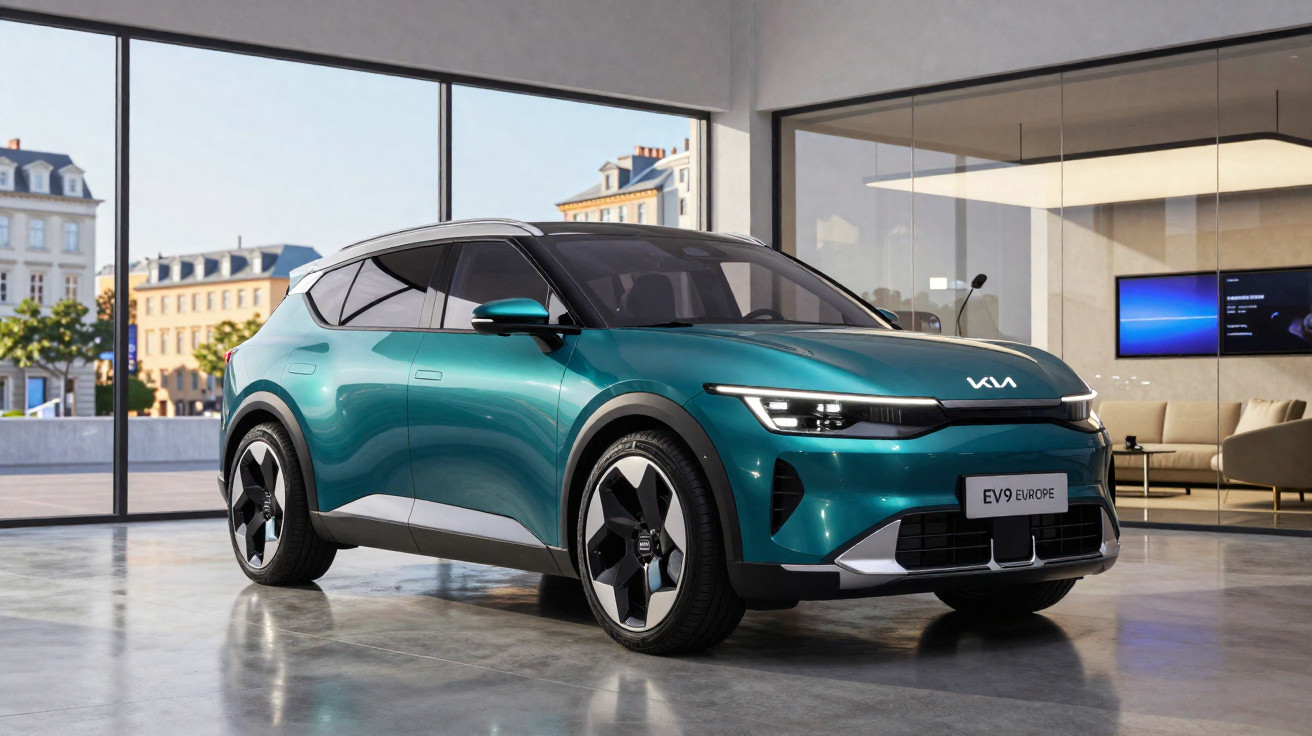 Carro elétrico Kia EV9 verde metálico estacionado em ambiente interno com janelas grandes ao fundo.