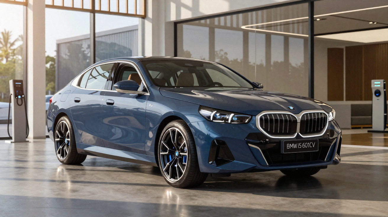 BMW Série 6 Gran Turismo azul estacionado em ambiente interno com piso refletivo e iluminação natural.
