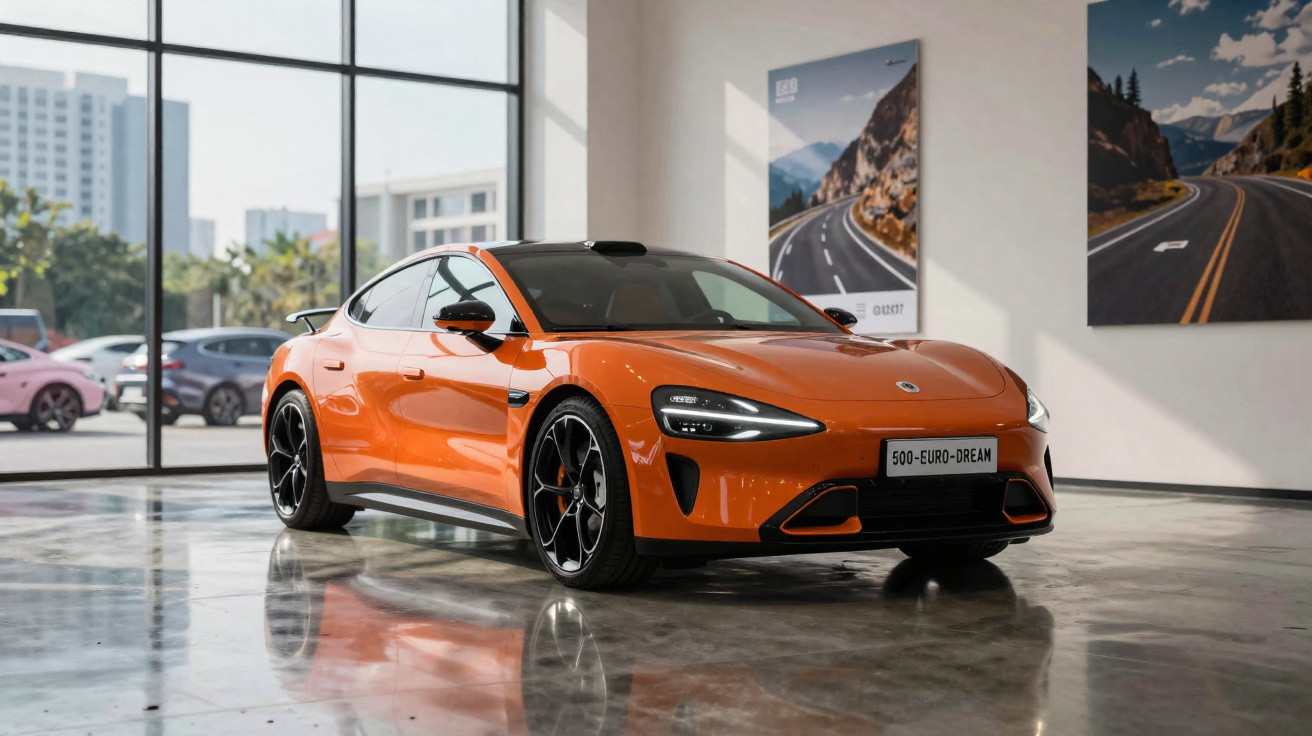 Carro esportivo elétrico laranja com rodas pretas em salão de exposição moderno e iluminado.