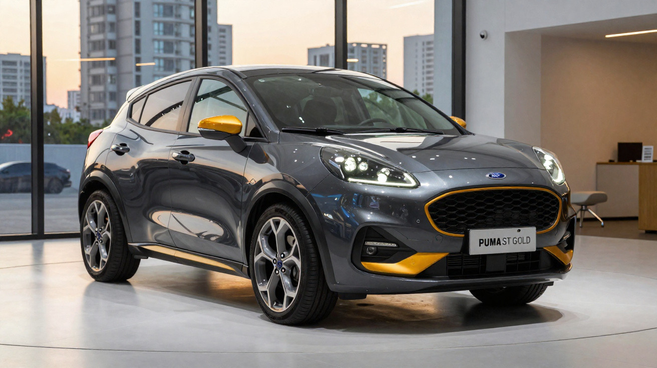 Carro Ford Puma ST Gold cinza com detalhes amarelos em showroom moderno com janelas e prédios ao fundo.