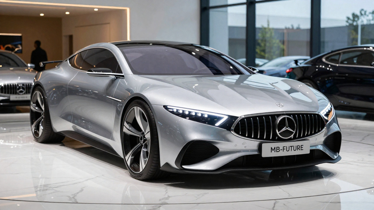 Carro conceito esportivo Mercedes-Benz prata brilhante em exposição interna, com design futurista e iluminação LED.