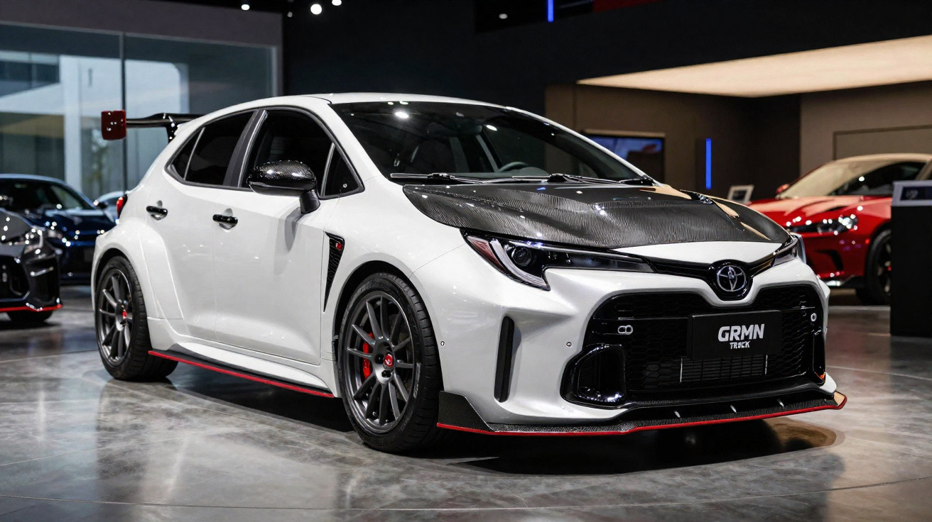 Carro esportivo branco Toyota GRMN com detalhes em preto e vermelho em exposição interna.