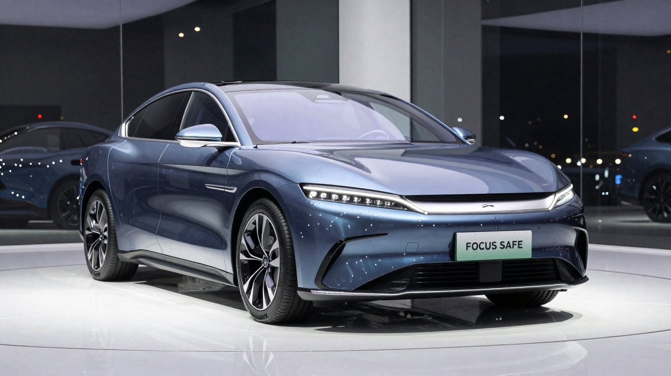 Carro elétrico sedan azul metálico futurista exibido em ambiente interno com paredes espelhadas.