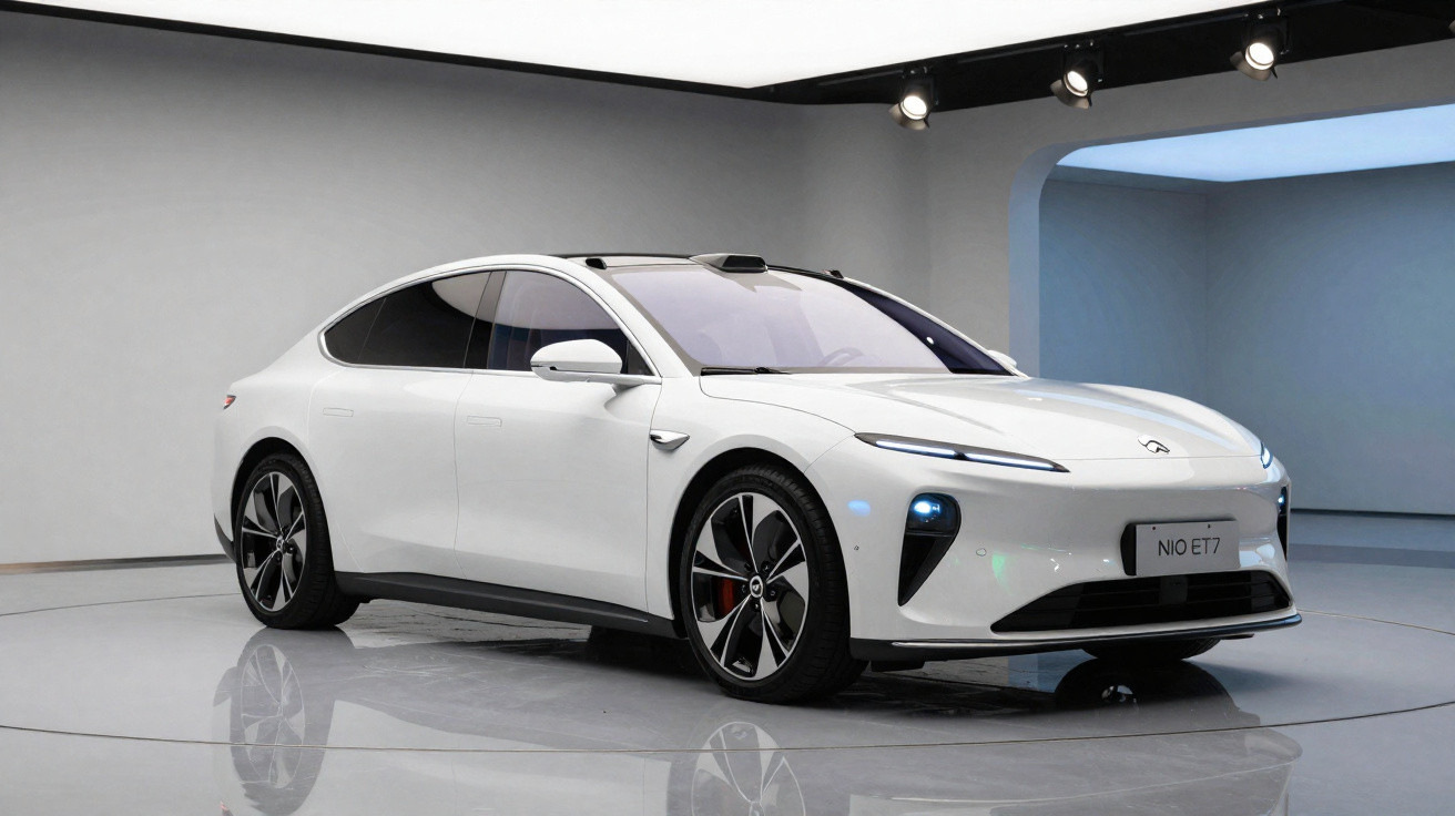 Carro elétrico branco NIO ET7 exibido em ambiente interno com iluminação moderna.