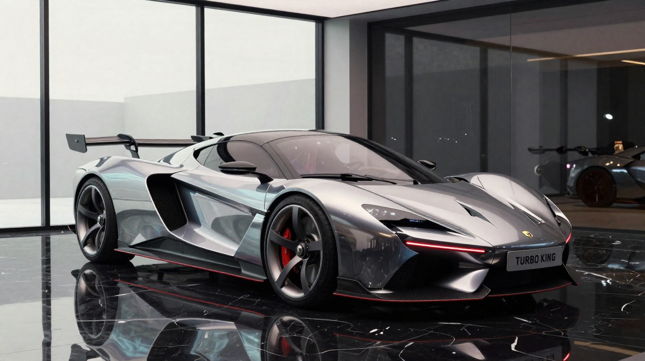 Carro esportivo prateado com design aerodinâmico e spoiler traseiro em garagem moderna com piso preto brilhante.