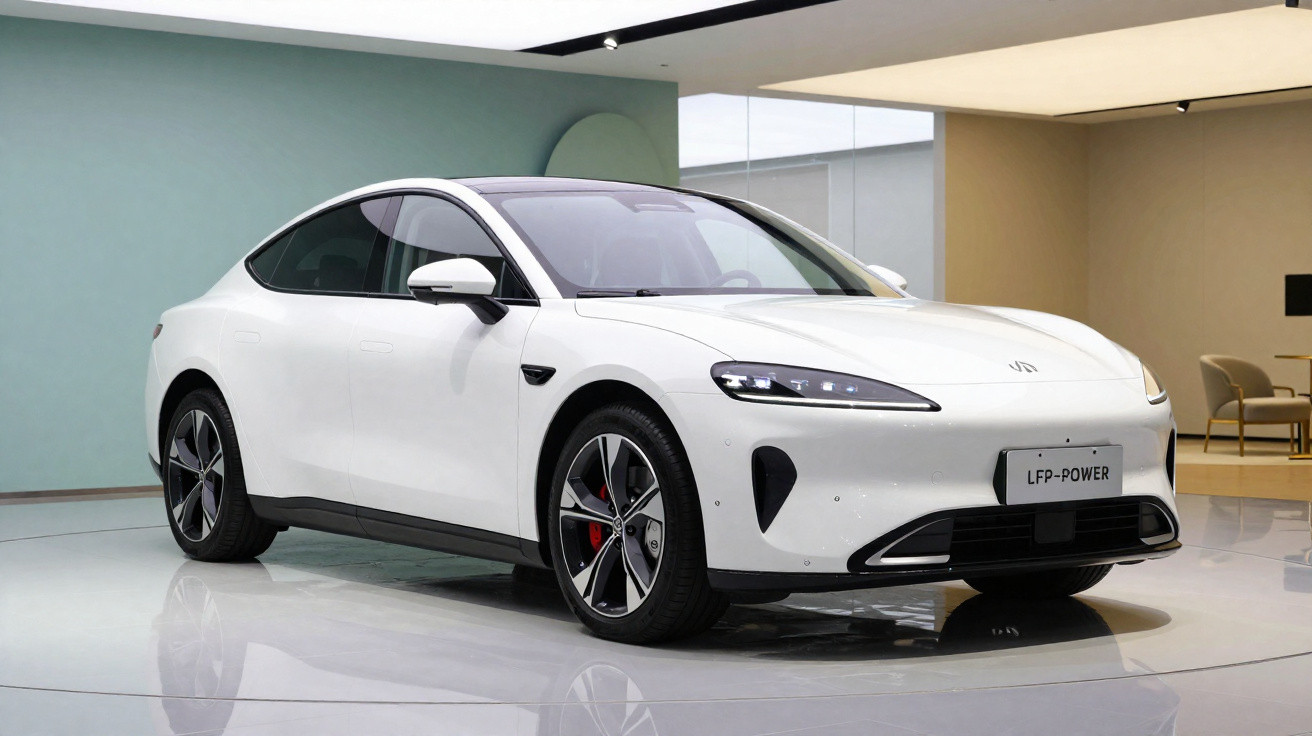 Carro elétrico branco estacionado em ambiente interno moderno com paredes coloridas.
