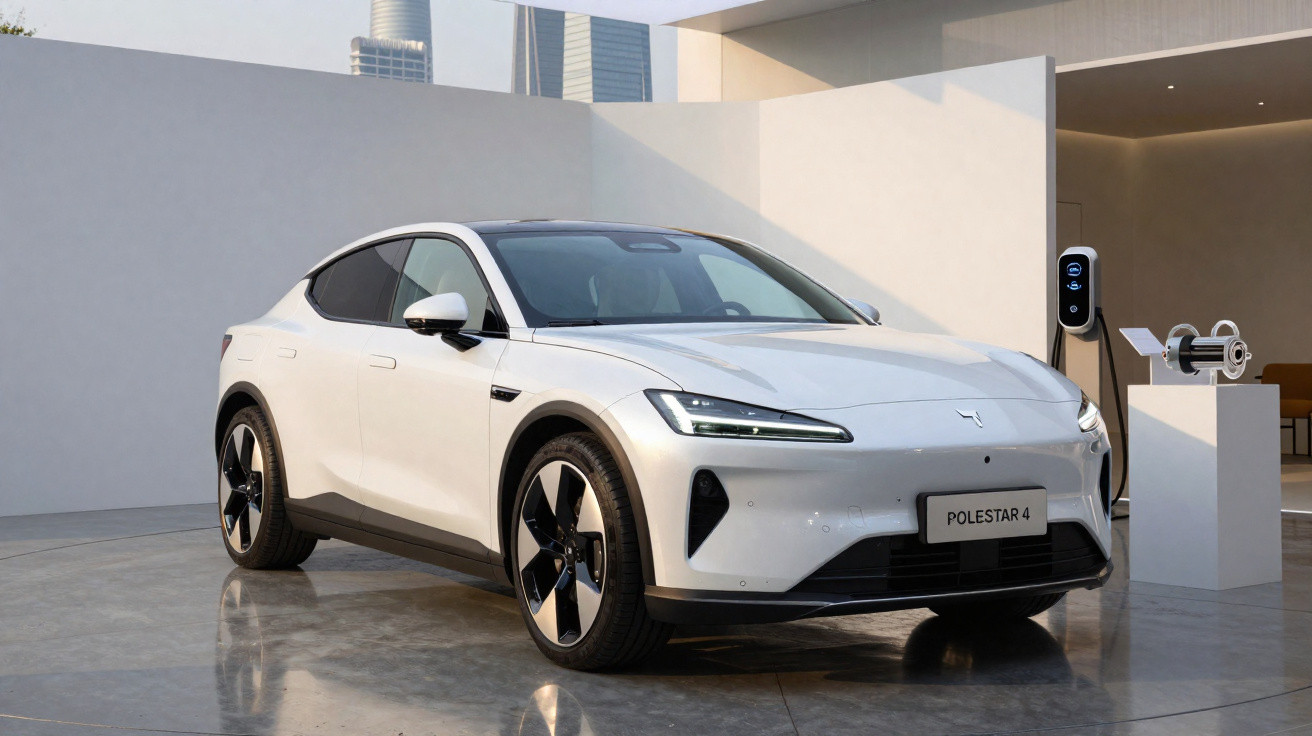 Carro elétrico branco Polestar 4 estacionado em área moderna com carregador ao fundo.