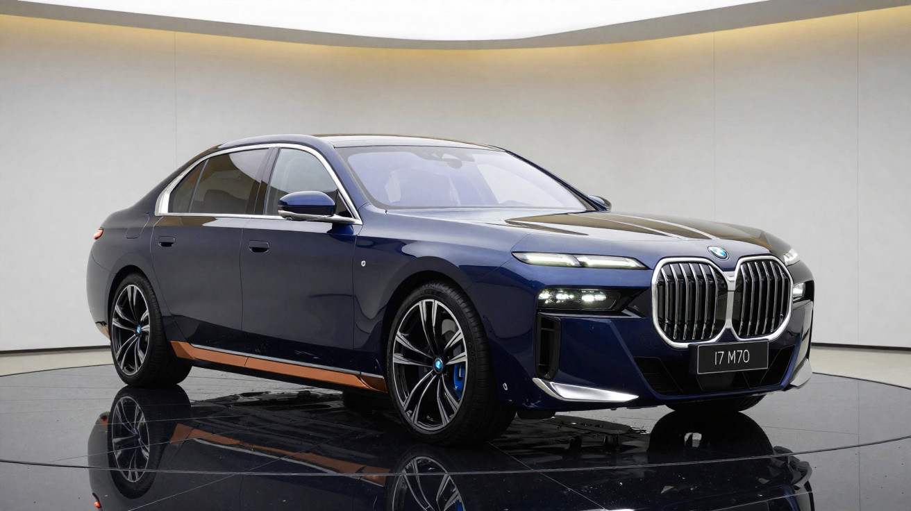 Carro BMW azul escuro com detalhes em cobre exibido em estúdio com piso preto brilhante.
