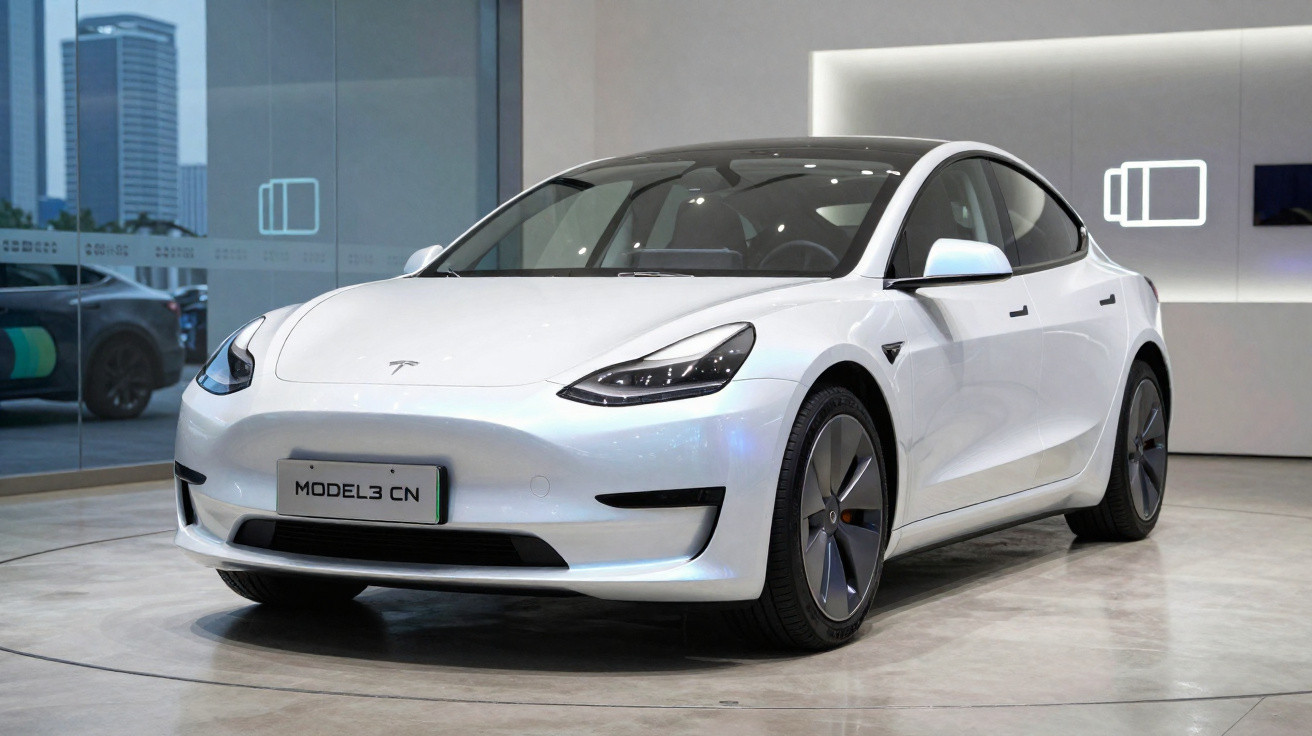 Carro elétrico Tesla Model 3 branco exibido em showroom moderno e iluminado.