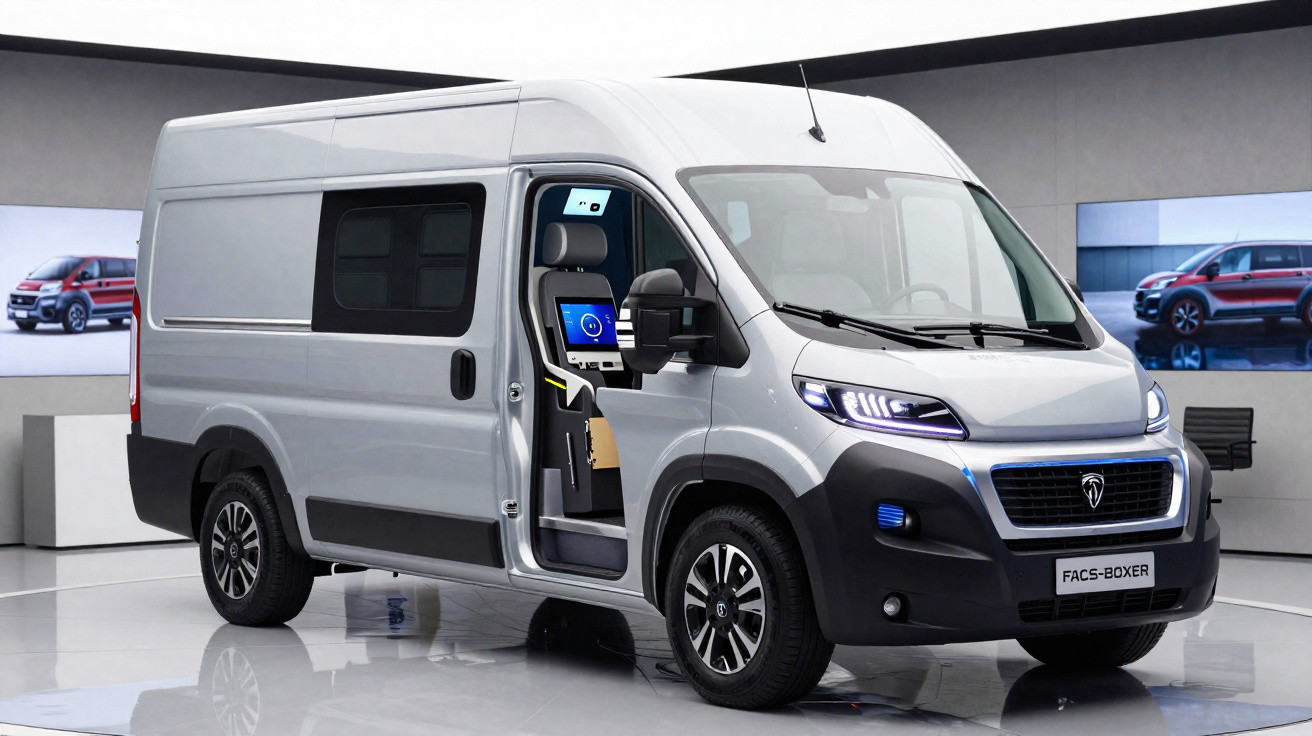 Van branca FACS-BOXER com porta lateral aberta exibindo interior tecnológico em ambiente moderno.