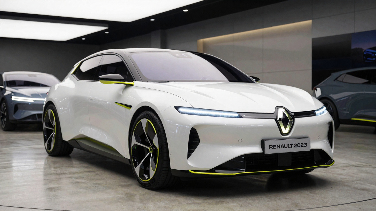 Carro elétrico branco Renault 2023 com design futurista e detalhes em amarelo em showroom moderno.