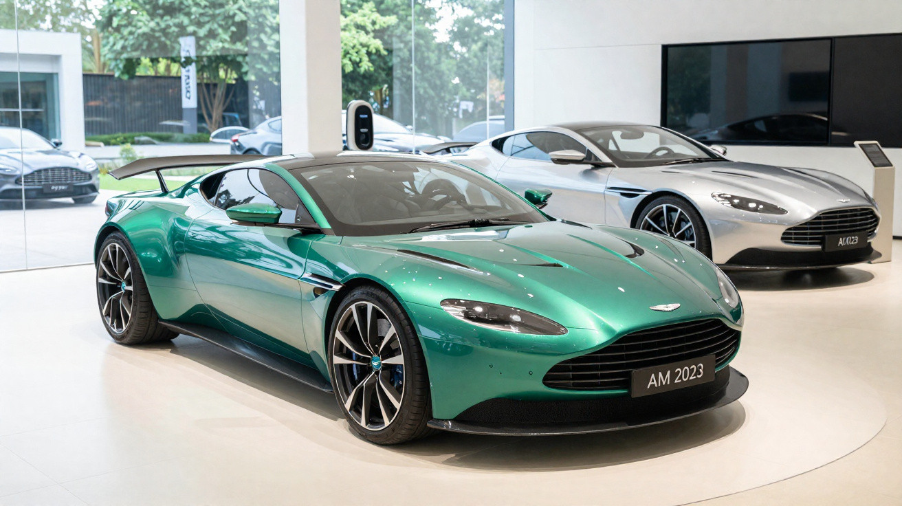 Dois carros esportivos Aston Martin em showroom, um verde metálico e outro prata.