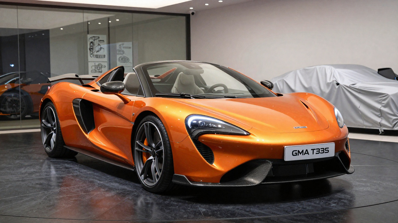 Carro esportivo conversível laranja McLaren GMA T.335 exibido em showroom moderno.