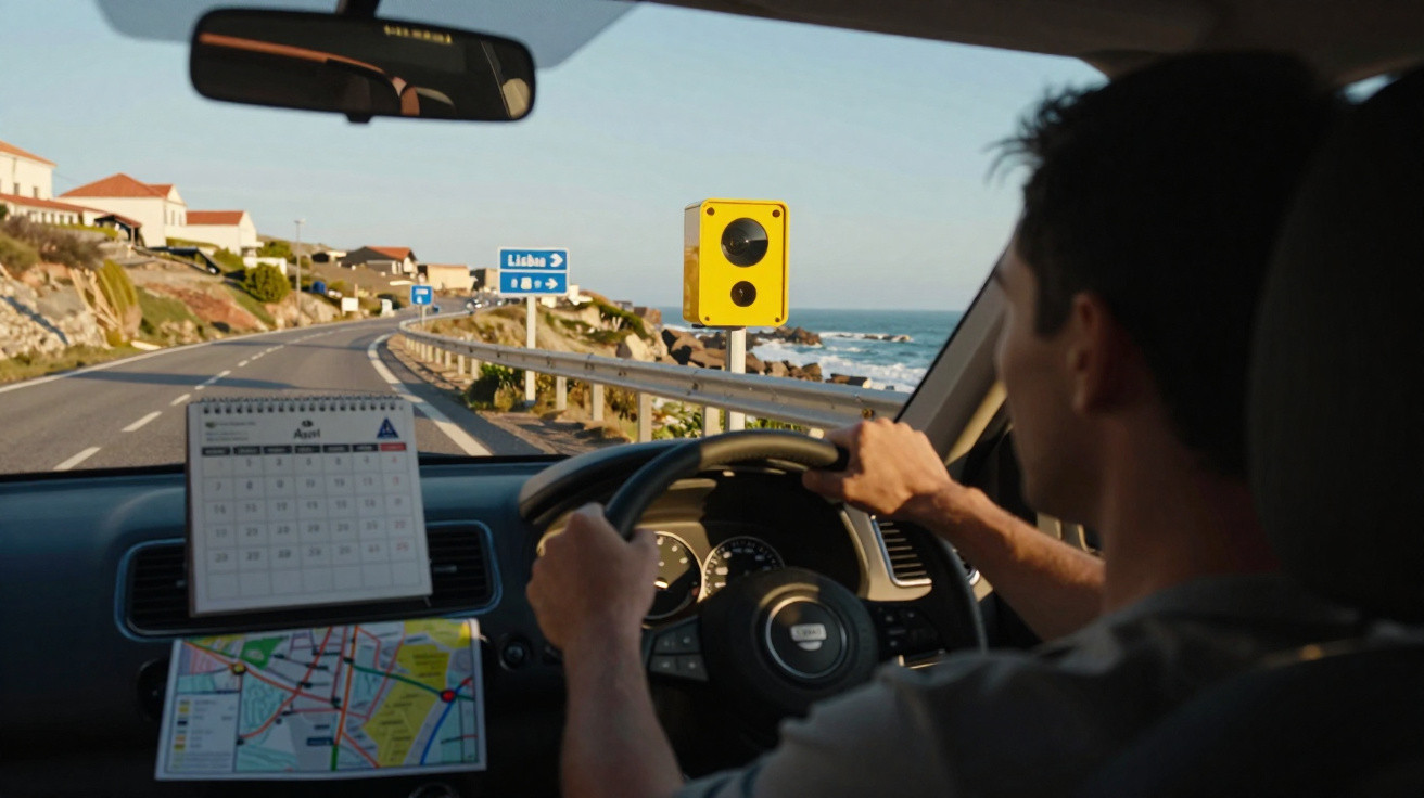 Motorista dirigindo em estrada costeira, com radar amarelo e placas indicando Lisboa à direita.