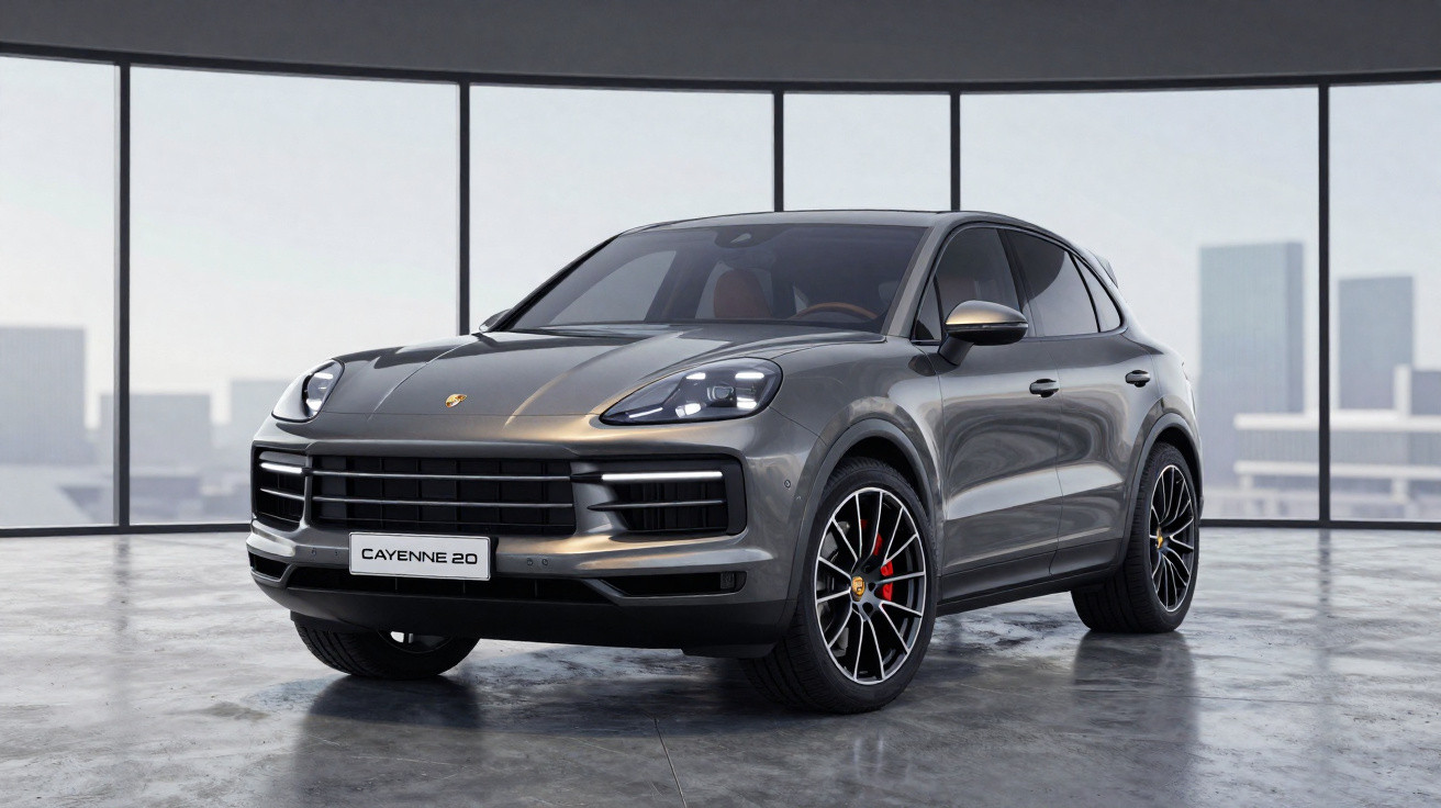 Carro SUV Porsche Cayenne cinza metálico em showroom com grandes janelas e piso cinza refletivo.