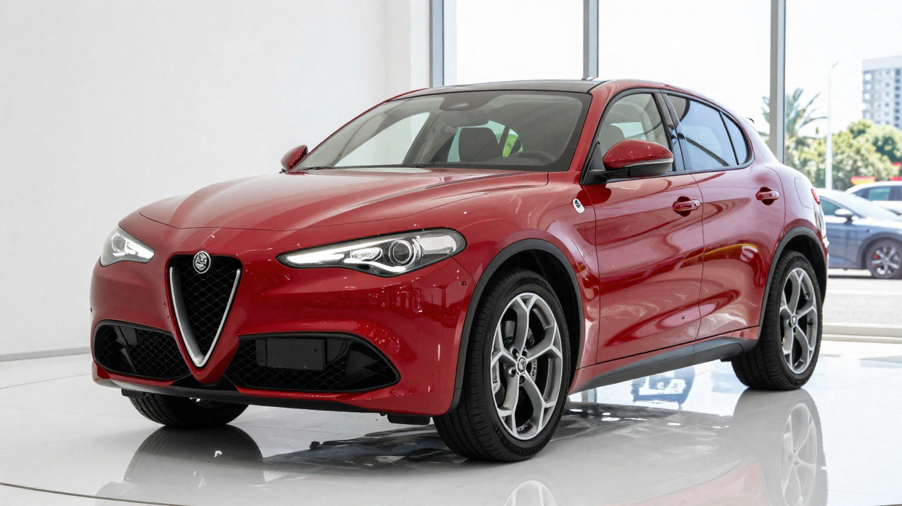 Carro SUV Alfa Romeo vermelho em exposição dentro de showroom moderno e iluminado.