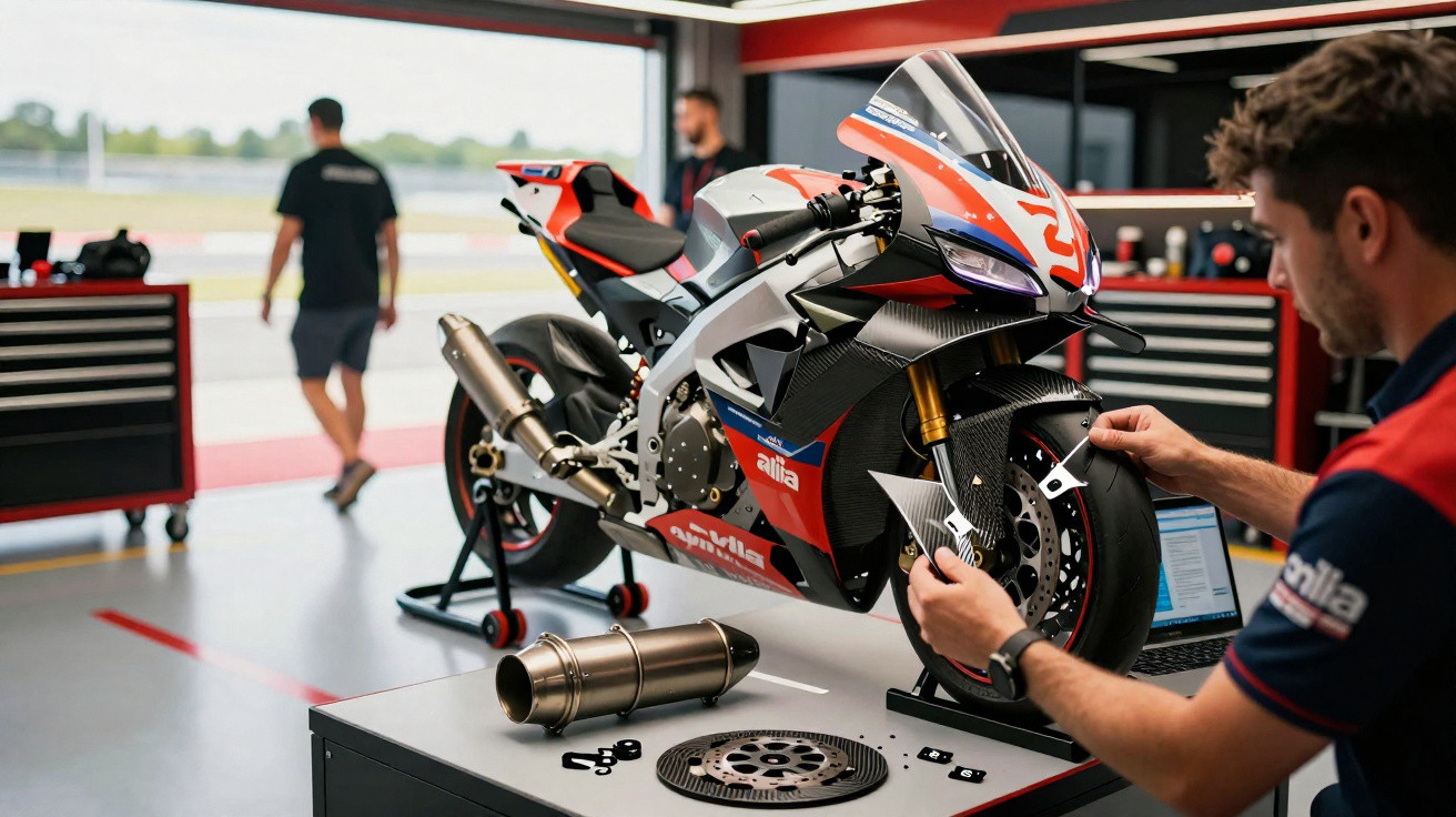 Motocicleta de corrida na oficina, com técnico fazendo manutenção e peças sobre a mesa de trabalho.