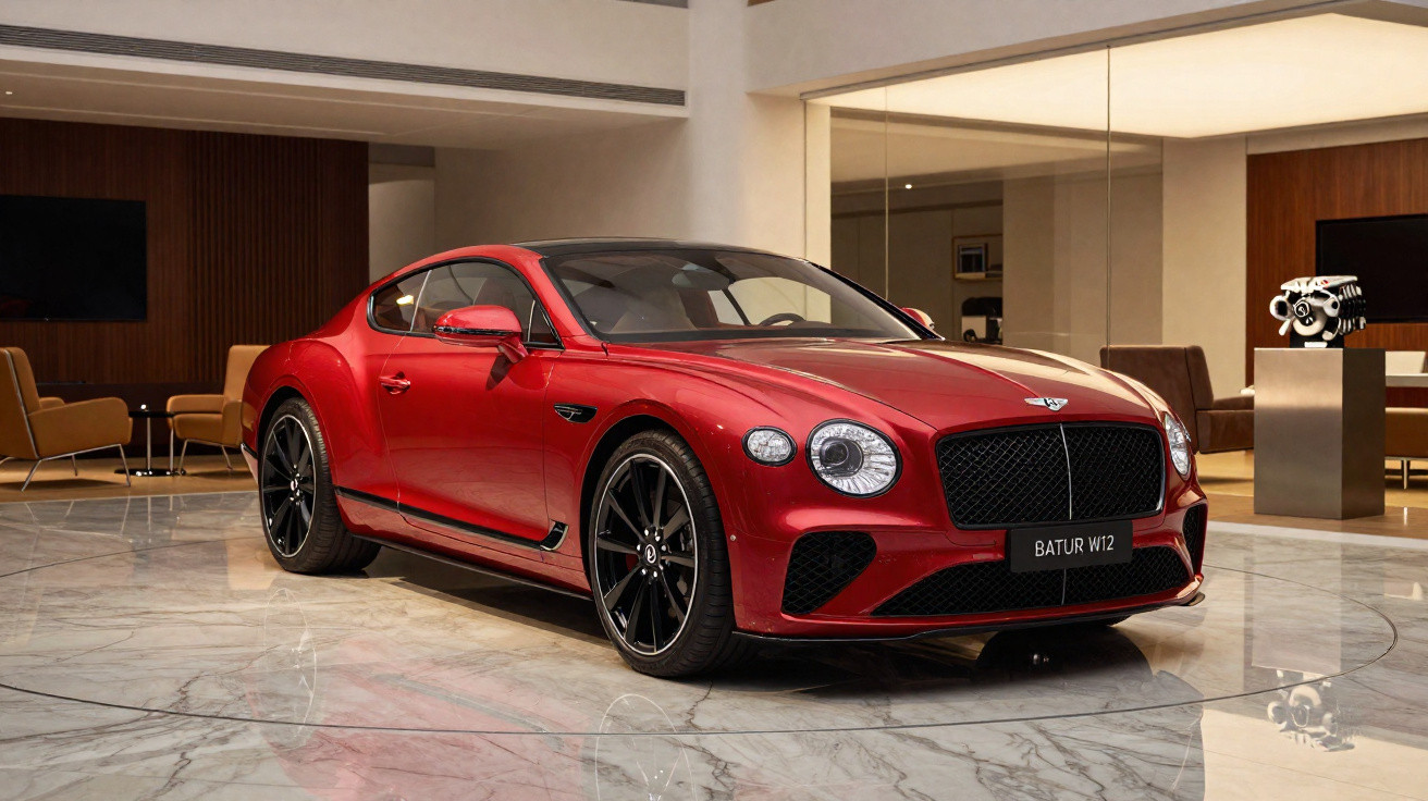 Carro esportivo vermelho Bentley Batur W12 em exposição em ambiente interno moderno com piso de mármore.