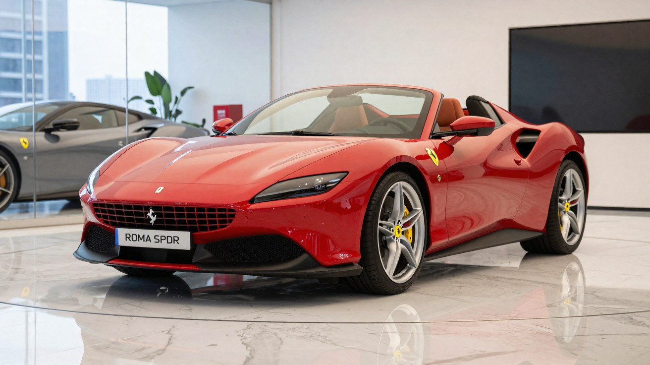Carro esportivo vermelho Ferrari Roma Spider conversível em showroom moderno com piso de mármore branco.