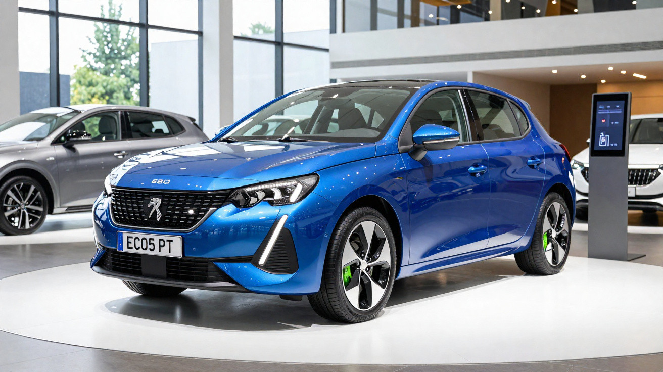 Carro elétrico Peugeot 208 azul exposto em ambiente moderno com piso branco e parede de vidro.