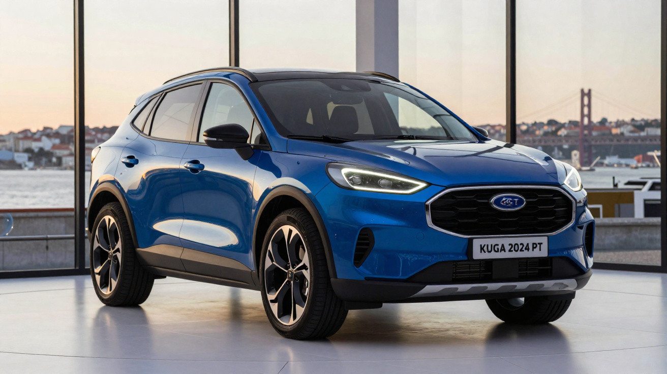 SUV Ford Kuga 2024 azul exibido em ambiente interno com vista para ponte ao fundo.