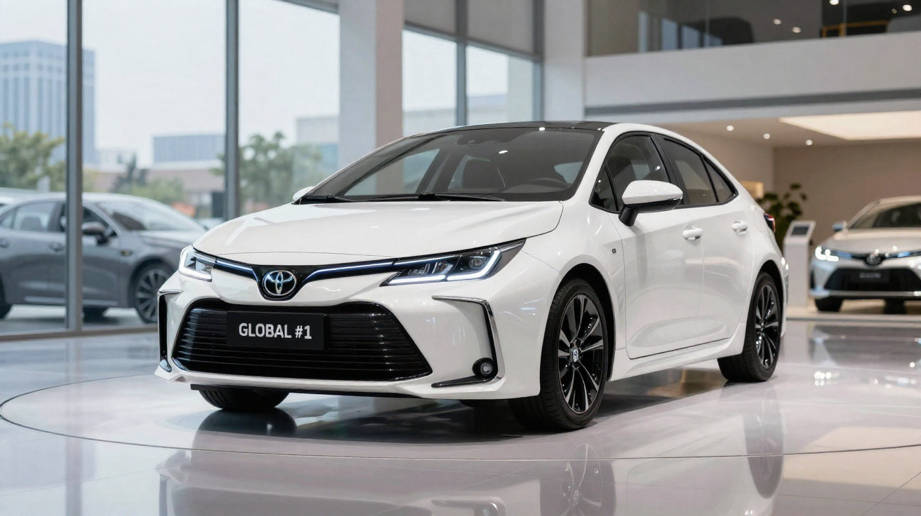 Carro branco Toyota Corolla exposto em showroom moderno com vidros grandes e piso brilhante.