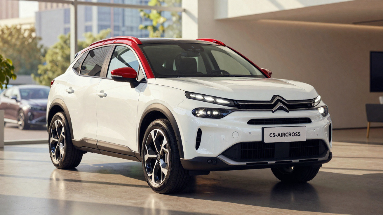 SUV Citroën C5 Aircross branco com teto e detalhes vermelhos em ambiente interno moderno.
