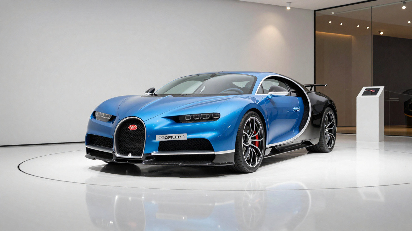 Bugatti Chiron azul e preto exibido em ambiente moderno e minimalista, com iluminação suave.