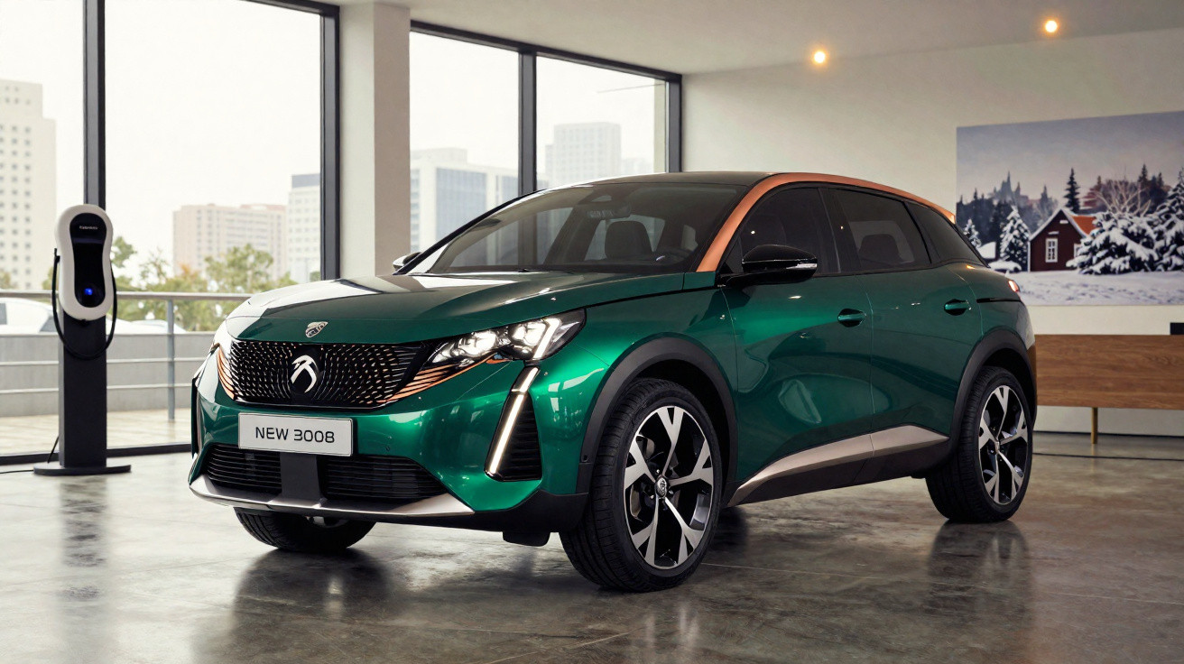 Carro SUV verde metálico Peugeot 3008 elétrico estacionado em ambiente interno moderno com estação de recarga ao fundo.