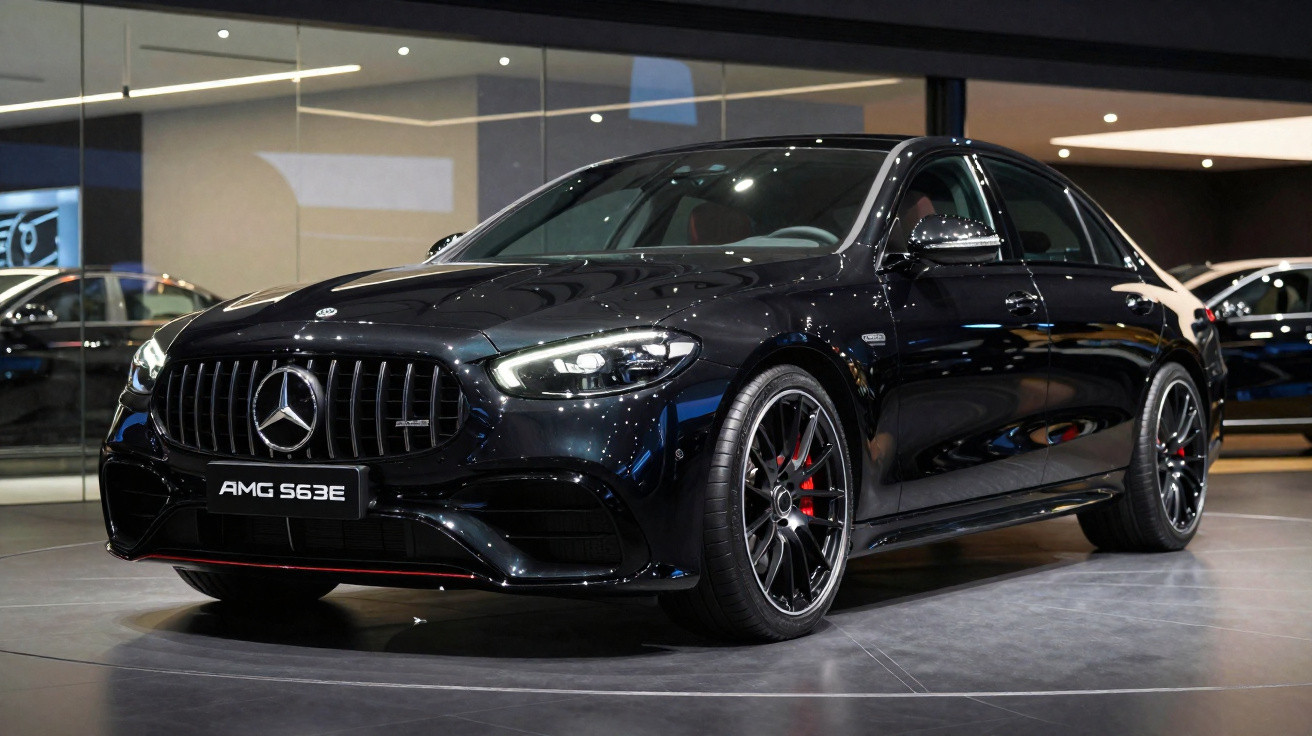 Carro preto Mercedes-Benz AMG 563E exibido em showroom com iluminação moderna e rodas esportivas.