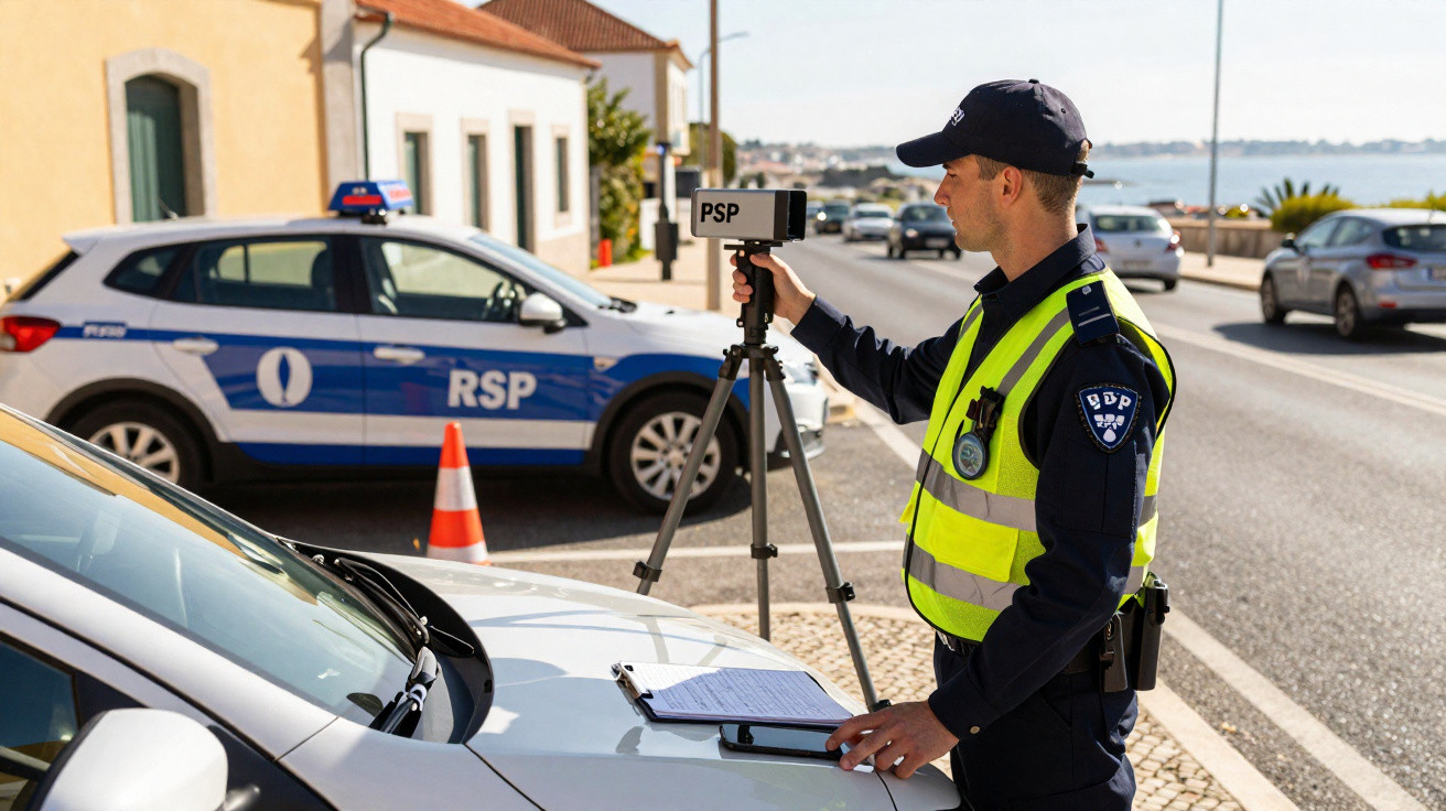 Policial de trânsito com colete amarelo operando radar de velocidade em rua, com viatura ao fundo e carros passando.