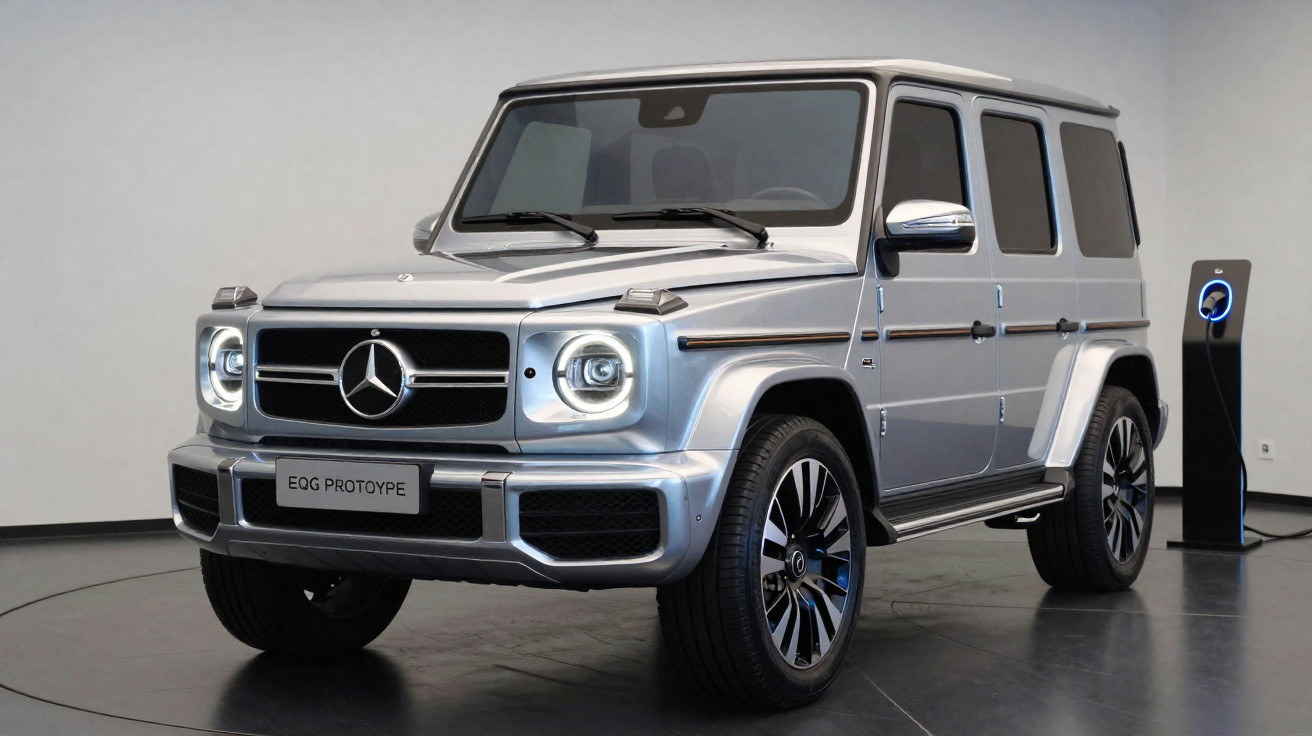 Carro elétrico SUV Mercedes-Benz EQG Prototype prata em carregador interno.