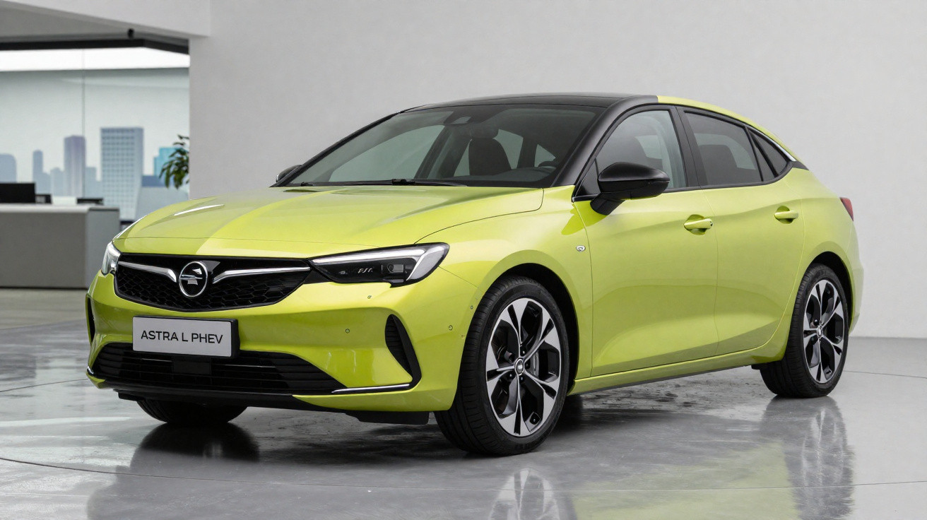 Carro hatchback esportivo verde-limão Opel Astra L PHEV estacionado em ambiente interno moderno.