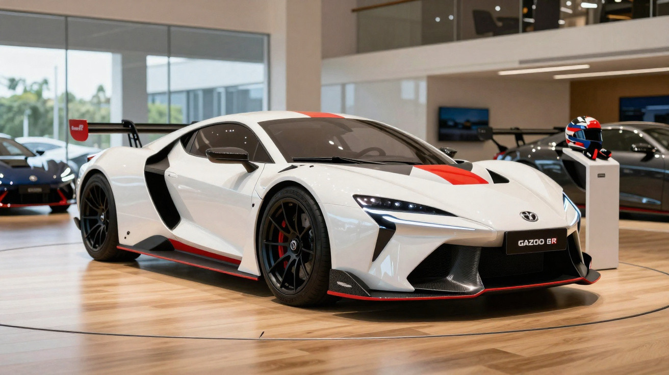 Carro esportivo branco com detalhes vermelhos exposto em showroom moderno com capacete ao lado.