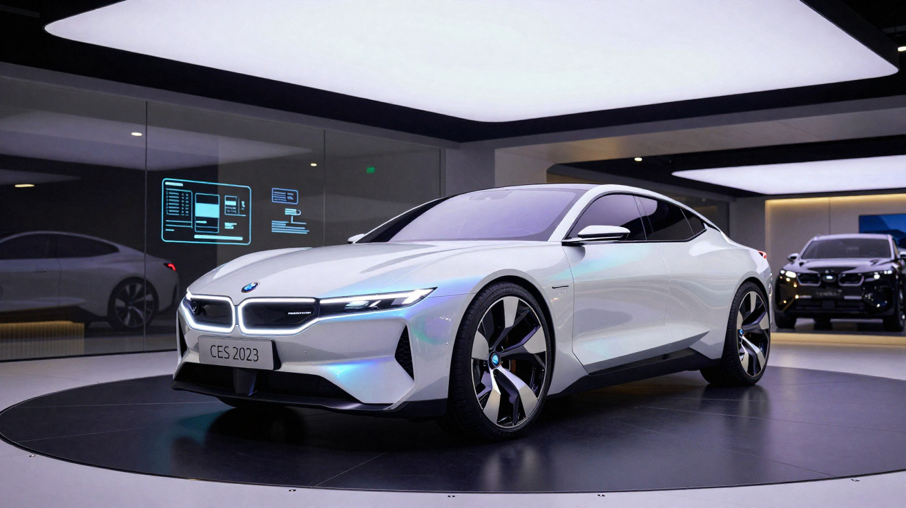 Carro esportivo elétrico BMW branco exibido em showroom moderno com iluminação sofisticada, modelo CES 2023.