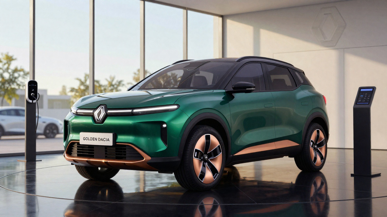 Carro elétrico verde com detalhes em bronze exibido em showroom moderno com grande vidro e estação de carregamento.