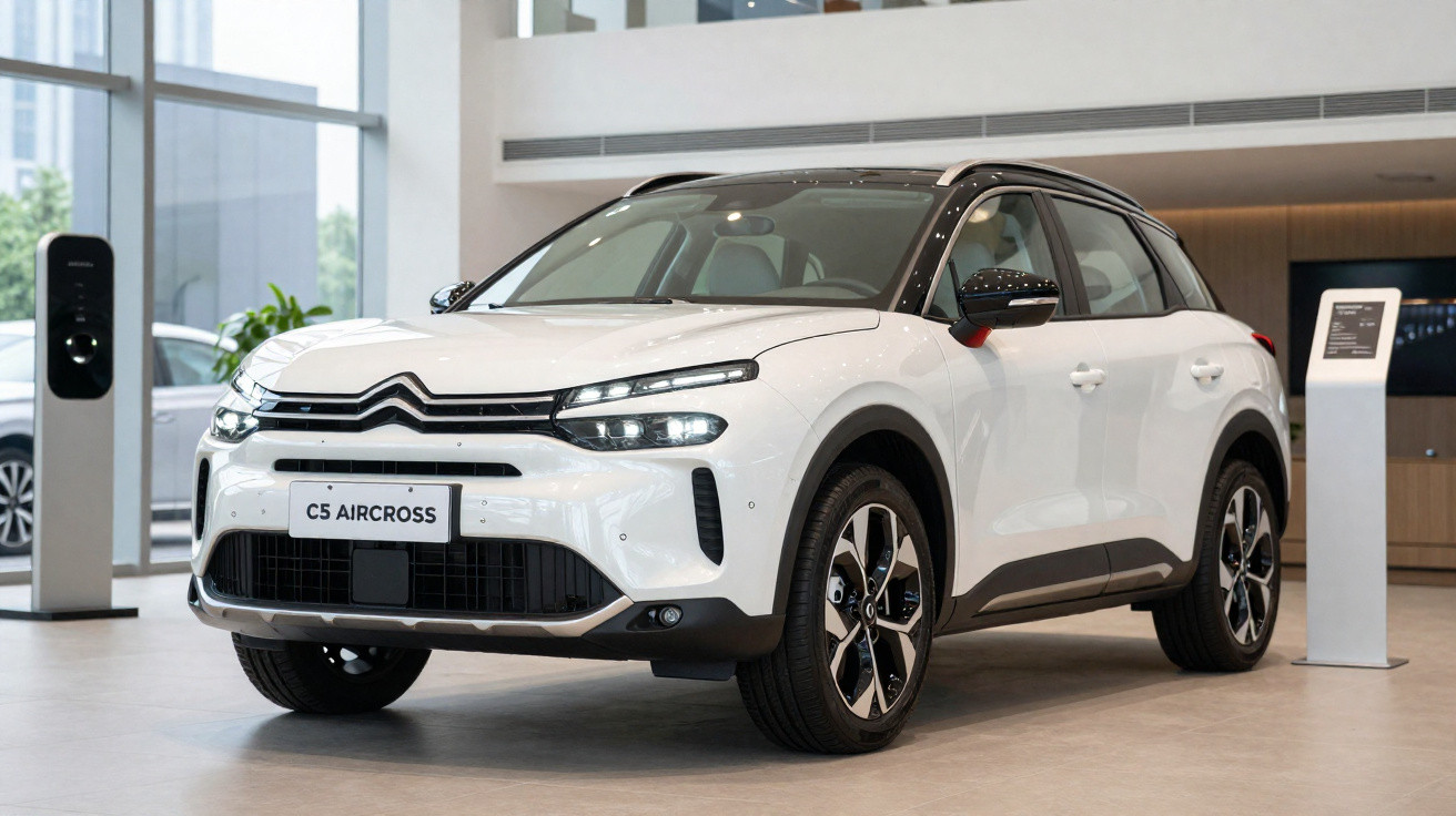 SUV branco Citroën C5 Aircross em exposição dentro de showroom moderno.