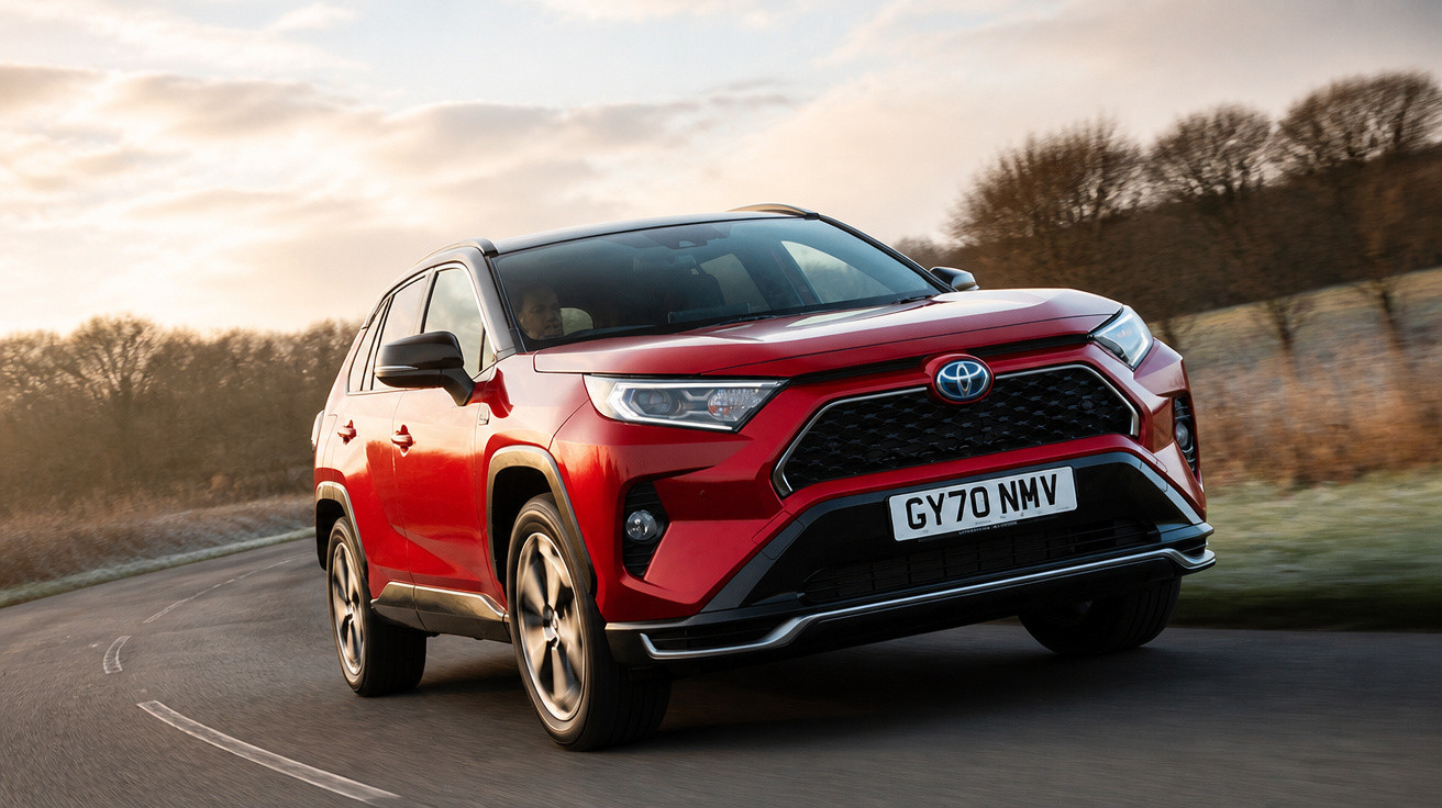 SUV Toyota RAV4 vermelho em curva de estrada com árvores ao fundo ao entardecer.