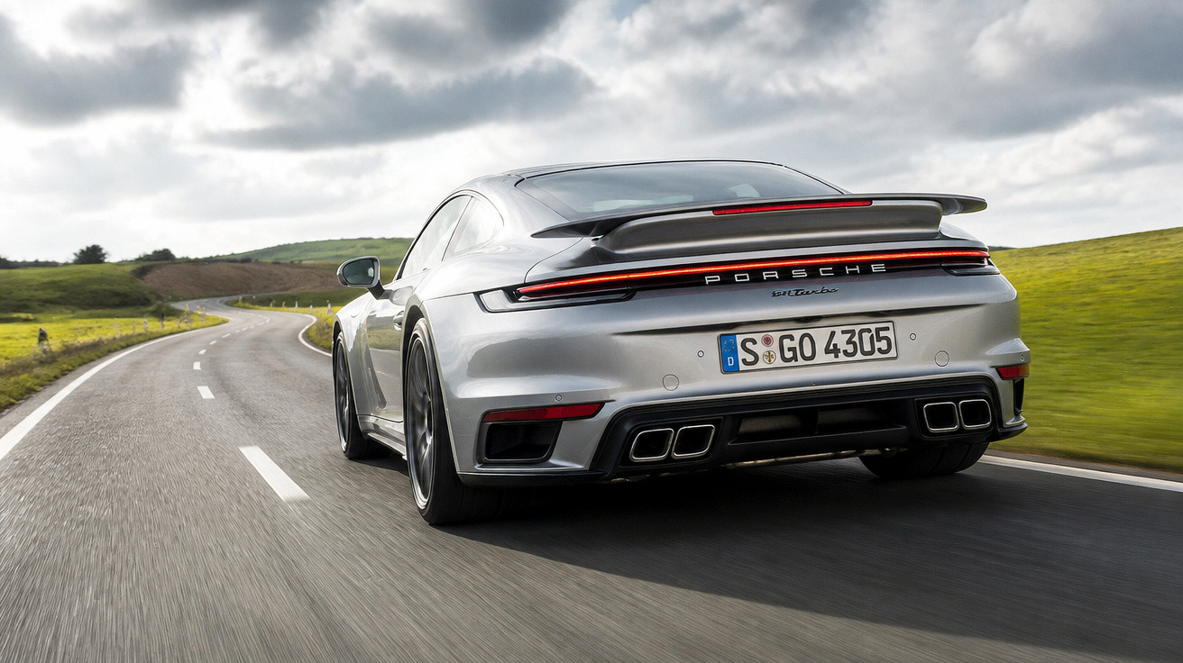 Carro esportivo Porsche prata em estrada curva sob céu nublado, paisagem com campos verdes.