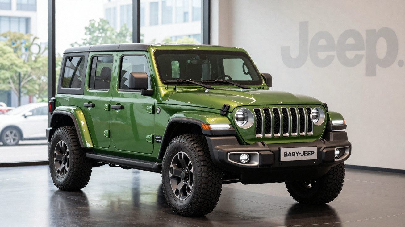 Jeep Wrangler verde estacionado em showroom com pneus grandes e faróis redondos.