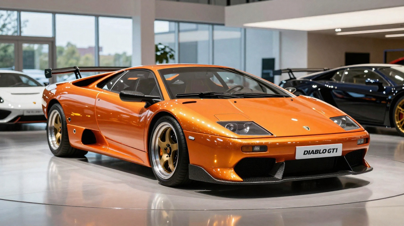 Carro esportivo laranja Lamborghini Diablo GT1 exposto em showroom com piso brilhante e outros carros ao fundo.