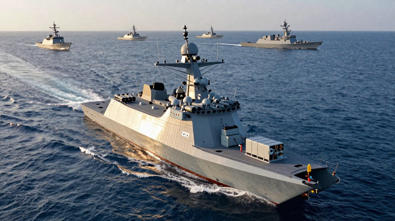 Formação de cinco navios militares navegando em mar aberto sob céu claro.