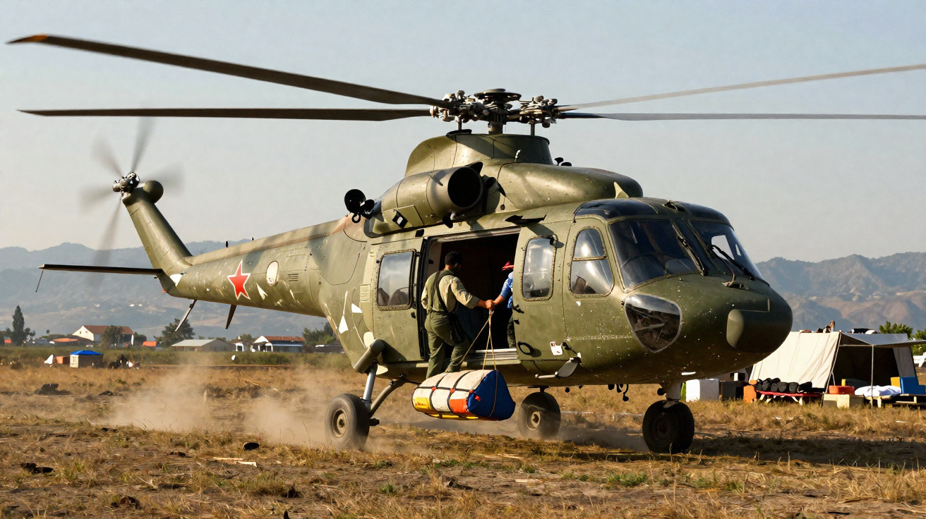 Helicóptero militar verde pousando em área aberta com soldados transportando equipamento.