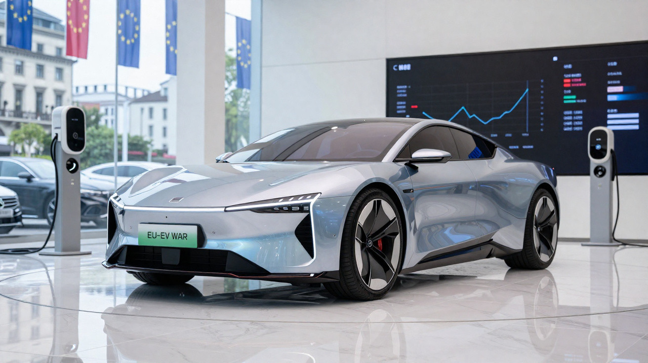 Carro elétrico prata elegante em exposição com estações de carregamento ao fundo e tela digital com gráficos.