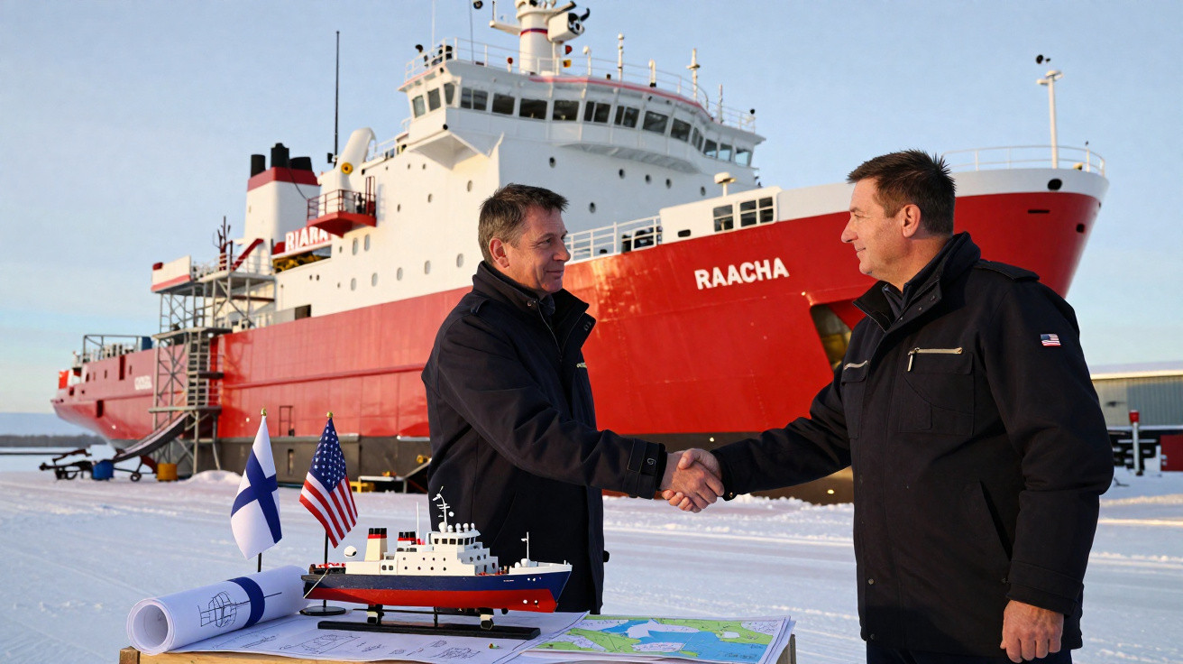 Dois homens apertam as mãos na neve diante do navio quebra-gelo vermelho RAACHA e modelo em mesa com bandeiras.