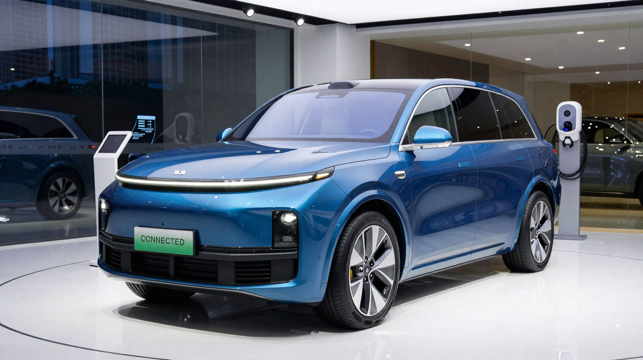 Carro elétrico azul estacionado em showroom moderno, com carregador na parede ao fundo.